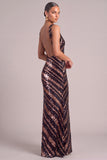 sparkly Brown Sheath V-Neck Sequins Maxi Formal Dress