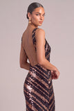 sparkly Brown Sheath V-Neck Sequins Maxi Formal Dress