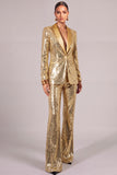 Sparkly Golden 2 Piece Sequins Shawl Lapel Long Sleeves Women Suits