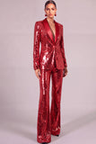 Sparkly Golden 2 Piece Sequins Shawl Lapel Long Sleeves Women Suits
