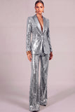 Sparkly Golden 2 Piece Sequins Shawl Lapel Long Sleeves Women Suits