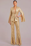 Sparkly Golden Sequins Peak Lapel Long Sleeves Women Suits with Slit