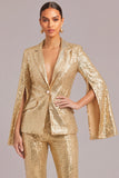 Sparkly Golden Sequins Peak Lapel Long Sleeves Women Suits with Slit