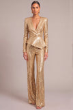 Golden Sparkly Sequins 2 Piece V-Neck Long Sleeves Women Suits