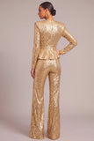Golden Sparkly Sequins 2 Piece V-Neck Long Sleeves Women Suits