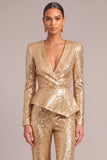 Golden Sparkly Sequins 2 Piece V-Neck Long Sleeves Women Suits