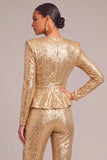 Golden Sparkly Sequins 2 Piece V-Neck Long Sleeves Women Suits