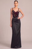 Black Mermaid Thick Straps Floral Ruched Maxi Formal Dress