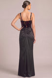 Black Mermaid Thick Straps Floral Ruched Maxi Formal Dress