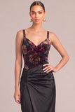 Black Mermaid Thick Straps Floral Ruched Maxi Formal Dress