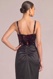 Black Mermaid Thick Straps Floral Ruched Maxi Formal Dress