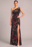 Black Mermaid One Shoulder Floral Maxi Wedding Guest Dress with Slit