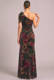 Black Mermaid One Shoulder Floral Maxi Wedding Guest Dress with Slit