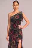 Black Mermaid One Shoulder Floral Maxi Wedding Guest Dress with Slit