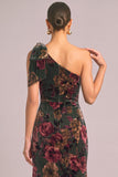 Black Mermaid One Shoulder Floral Maxi Wedding Guest Dress with Slit