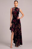 Black Floral Velvet Asymmetrical A-Line Wedding Guest Dress