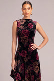 Black Floral Velvet Asymmetrical A-Line Wedding Guest Dress