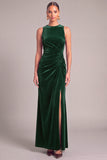 Dark Green Mermaid Round Neck Ruched Maxi Formal Dress with Slit