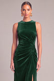 Dark Green Mermaid Round Neck Ruched Maxi Formal Dress with Slit