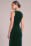 Dark Green Mermaid Round Neck Ruched Maxi Formal Dress with Slit