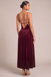 Burgundy Corset Spaghetti Straps Pleated Maxi Formal Dress