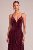 Burgundy Corset Spaghetti Straps Pleated Maxi Formal Dress