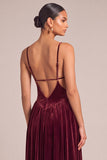 Burgundy Corset Spaghetti Straps Pleated Maxi Formal Dress