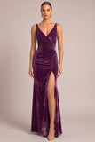Plum Velvet Mermaid V-Neck Ruched Maxi Formal Dress with Slit