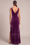 Plum Velvet Mermaid V-Neck Ruched Maxi Formal Dress with Slit