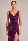 Plum Velvet Mermaid V-Neck Ruched Maxi Formal Dress with Slit