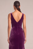 Plum Velvet Mermaid V-Neck Ruched Maxi Formal Dress with Slit