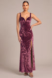 Plum Velvet Mermaid Thick Straps Maxi Formal Dress with Slit