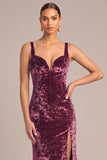 Plum Velvet Mermaid Thick Straps Maxi Formal Dress with Slit
