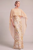 Champagne Mermaid Floral Boat Neck Long Mother of the Bride Dress with Cape