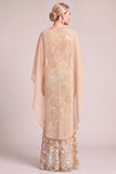 Champagne Mermaid Floral Boat Neck Long Mother of the Bride Dress with Cape