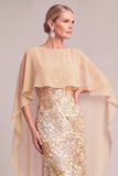 Champagne Mermaid Floral Boat Neck Long Mother of the Bride Dress with Cape