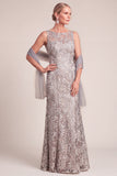 Grey Mermaid Boat Neck Embroidered Long Mother of the Bride Dress with Sash