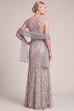 Grey Mermaid Boat Neck Embroidered Long Mother of the Bride Dress with Sash