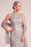 Grey Mermaid Boat Neck Embroidered Long Mother of the Bride Dress with Sash
