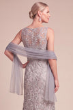 Grey Mermaid Boat Neck Embroidered Long Mother of the Bride Dress with Sash