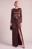 Brown Sheath Round Neck Long Sleeves Mother of the Bride Dress with Bow