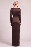 Brown Sheath Round Neck Long Sleeves Mother of the Bride Dress with Bow