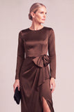 Brown Sheath Round Neck Long Sleeves Mother of the Bride Dress with Bow
