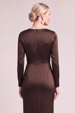 Brown Sheath Round Neck Long Sleeves Mother of the Bride Dress with Bow