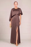 Brown Sparkly Mermaid Beaded Round Neck Long Mother of the Bride Dress with Slit