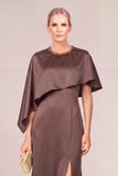 Brown Sparkly Mermaid Beaded Round Neck Long Mother of the Bride Dress with Slit