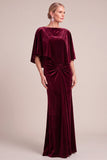 Burgundy Mermaid Boat Neck Ruched Long Mother of the Bride Dress with Cape
