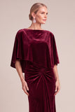 Burgundy Mermaid Boat Neck Ruched Long Mother of the Bride Dress with Cape