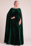Dark Green Sheath Round Neck Velvet Long Formal Dress with Cape