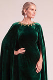 Dark Green Sheath Round Neck Velvet Long Formal Dress with Cape